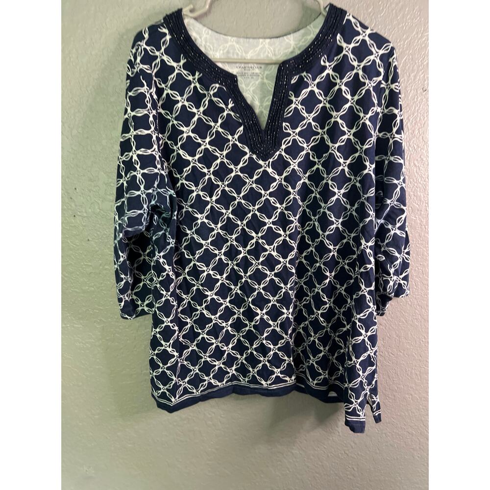 Charter Club Popover Blouse Plus 2X Blue Printed‎ Cotton Split V-Neck Top Casual